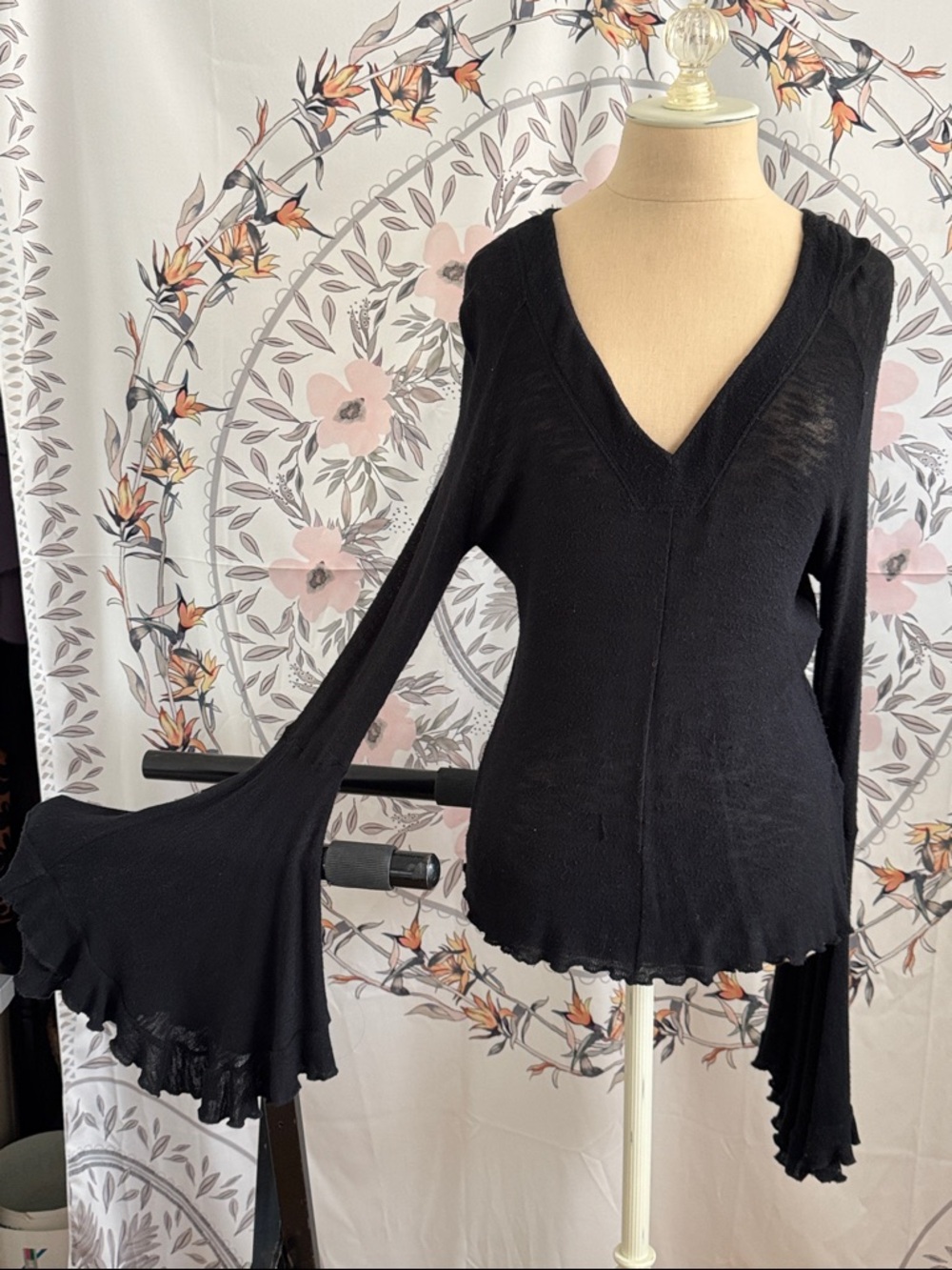 Free People Black V-Neck Bell Sleeve Top
